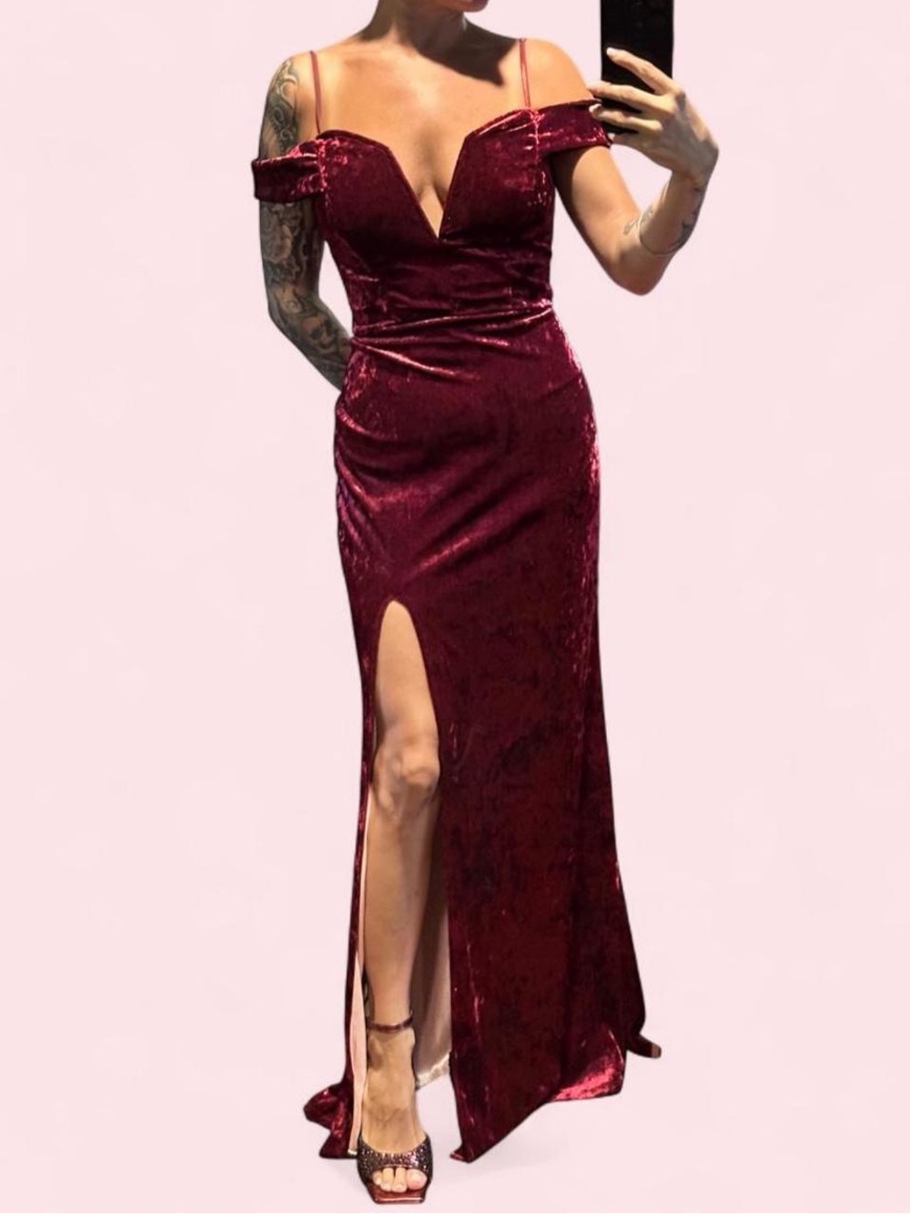 Windsor Off-Shoulder Velvet Maxi Dress in Burgundy